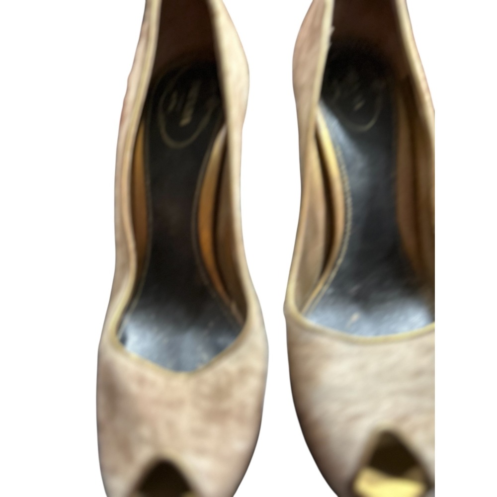 Prada Calf Hair Peep Toe Heels Taupe Gold Trim Platform Stiletto‎ Size 39 - Picture 3 of 16